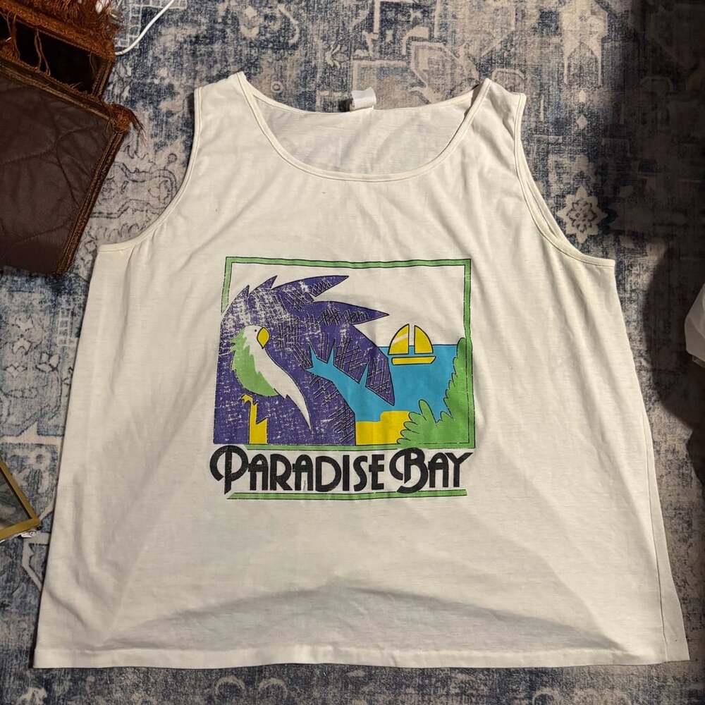 Vintage 90s Paradise Bay Parrot Palm Tree Tank Top Dobie White 4XL